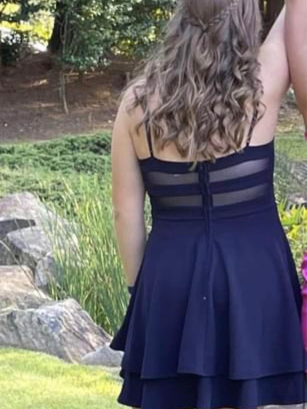 Navy Layered A-Line Spaghetti Strap Dress